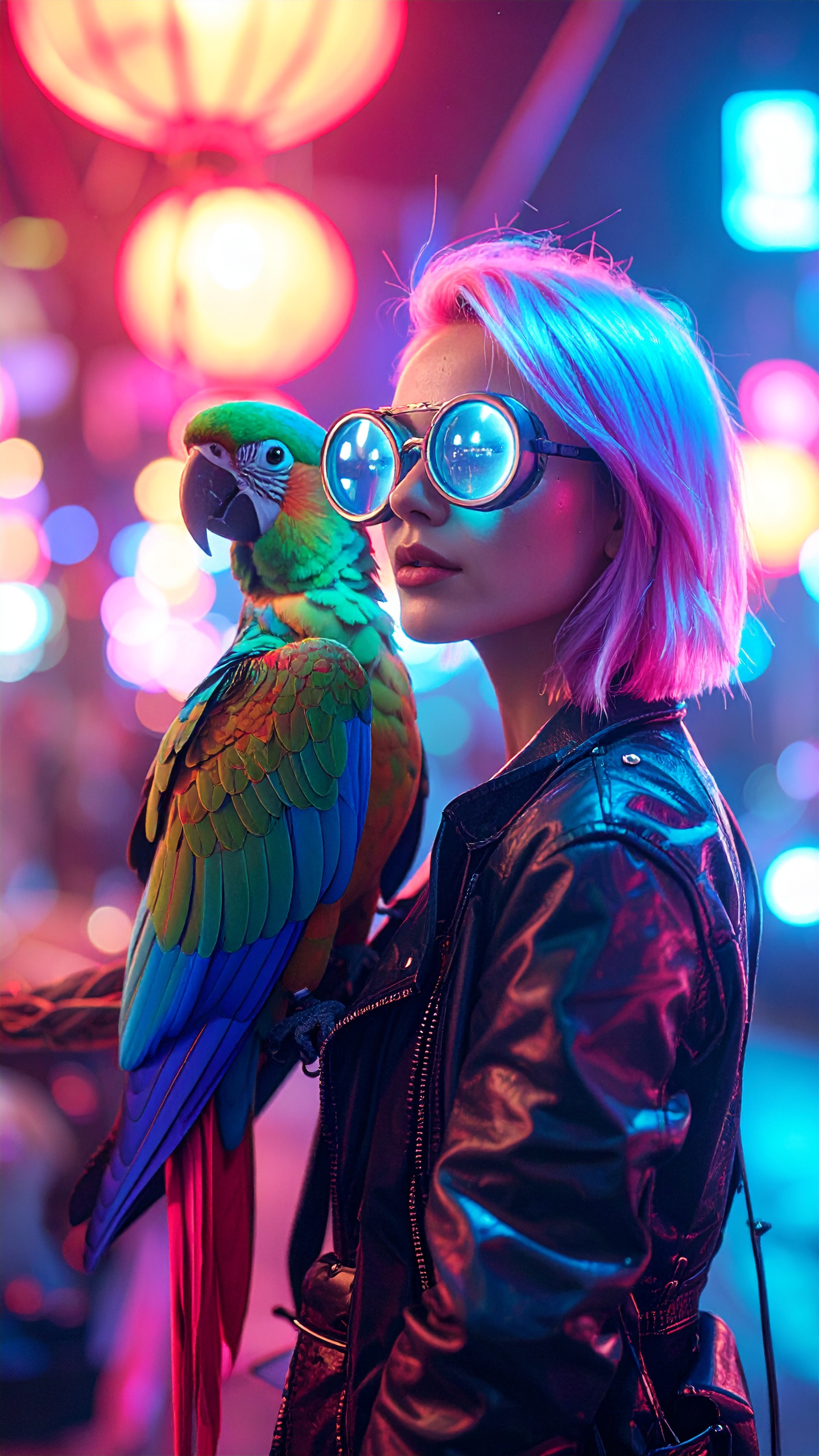 Firefly_Next to her, a colorful steampunk parrot with oversized round glasses perches on a tw 205696