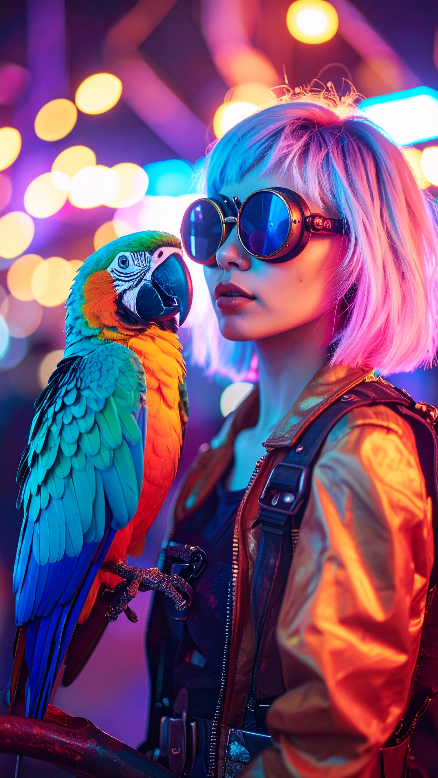 Firefly_Next to her, a colorful steampunk parrot with oversized round glasses perches on a tw 879668